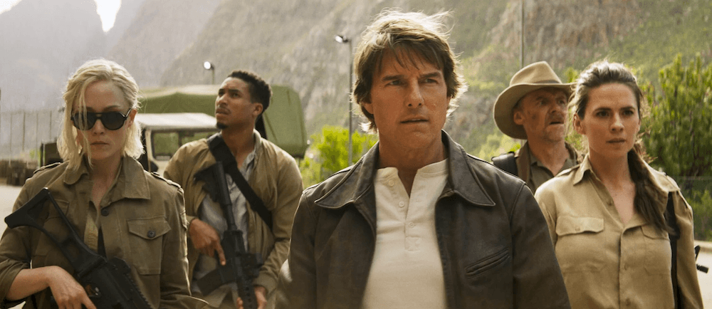 (L–R) Pom Klementieff, Greg Tarzan Davis, Tom Cruise, Simon Pegg, and Hayley Atwell, in “Mission: Impossible—The Final Reckoning.” (Paramount Pictures)