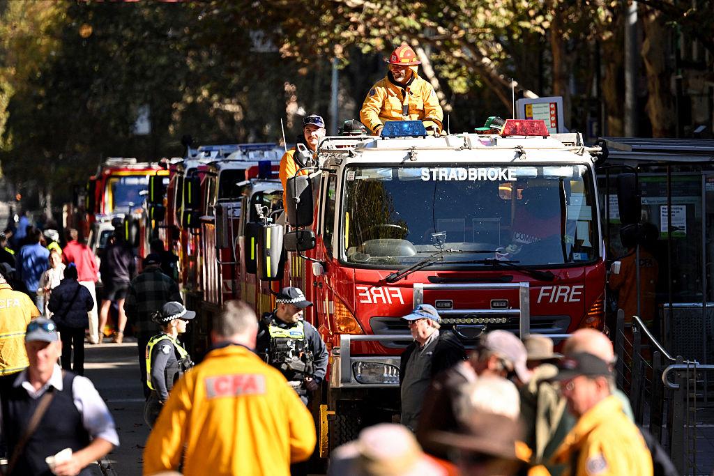 Thousands of farmers and Country Fire Authority (CFA) volunteer firefighters gather outside Victoria's State Parliament in Melbourne, Australia, on May 20, 2025. (William West/AFP via Getty Images)