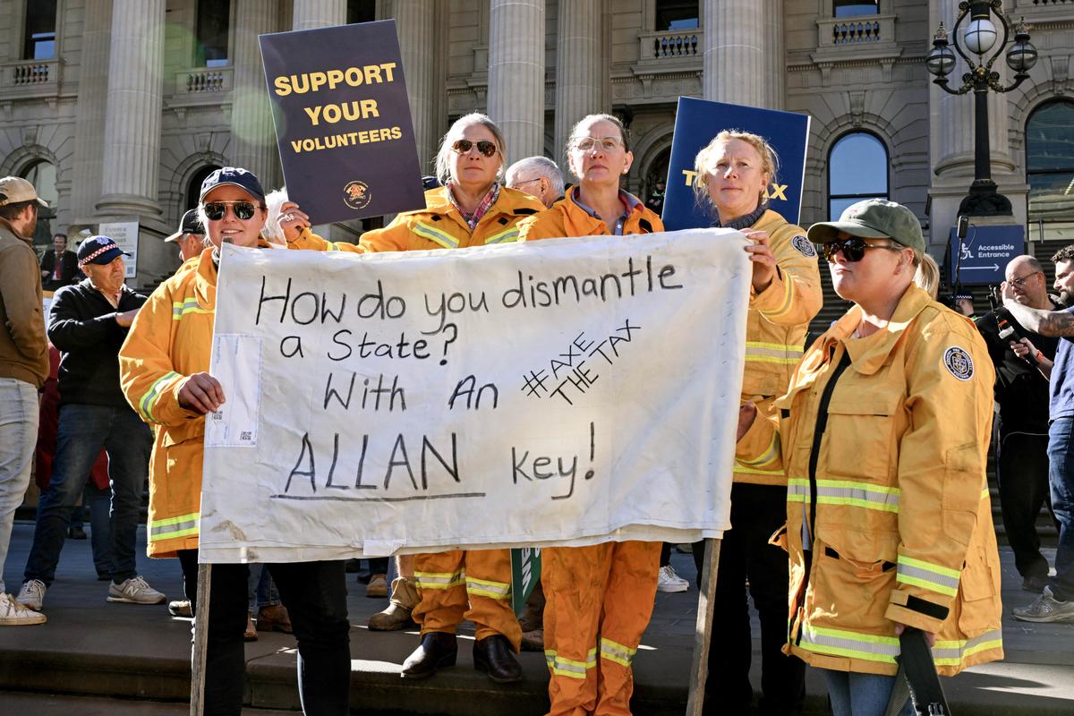 Thousands of farmers and Country Fire Authority (CFA) volunteer firefighters gather outside Victoria's State Parliament to protest against the government's new emergency services tax, in Melbourne, Australia on May 20, 2025. (William West/AFP via Getty Images)