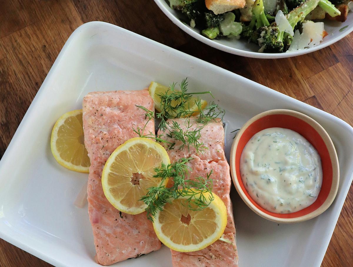 Gretchen’s Table: Poached Salmon and Broccoli Caesar Salad Make a Healthy, Hearty Meal