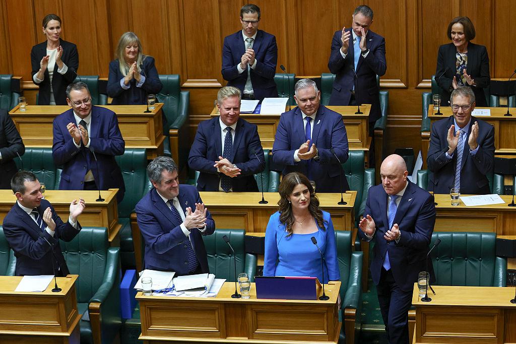 Minister of Finance Nicola Willis is applauded after delivering the budget during Budget Day 2025 at Parliament in Wellington, New Zealand, on May 22, 2025. (Hagen Hopkins/Getty Images)