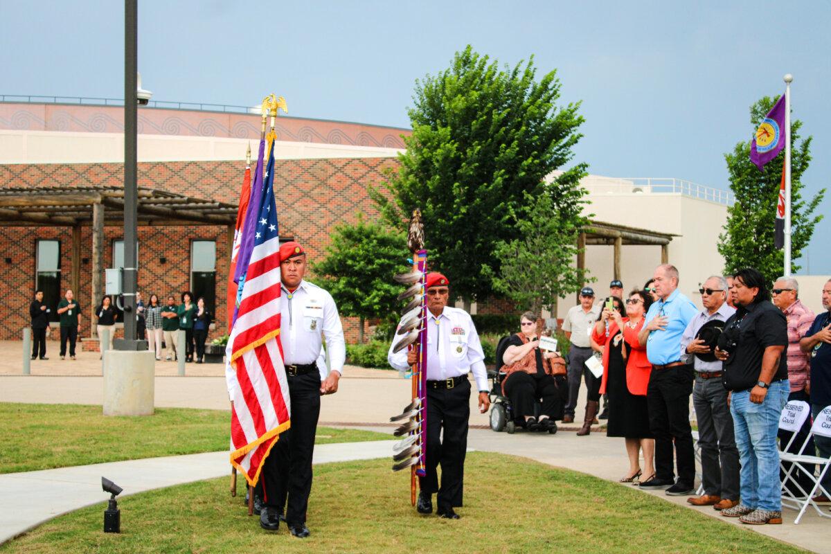 The Choctaw Honor Guard posts colors during an unveiling ceremony at the Choctaw Cultural Center in Durant, Okla., on May 22, 2025. (Michael Clements/The Epoch Times)