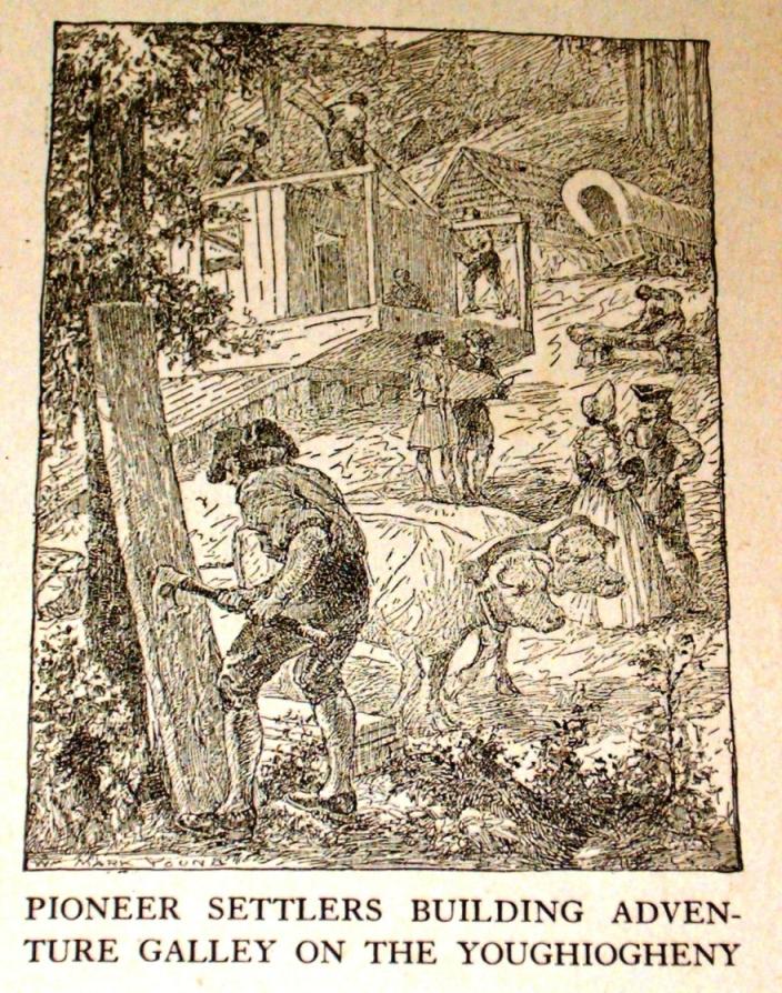 American pioneers building the flatboat Adventure Galley at Sumrill's Ferry on the Youghiogheny River during March of 1788. (Public Domain)