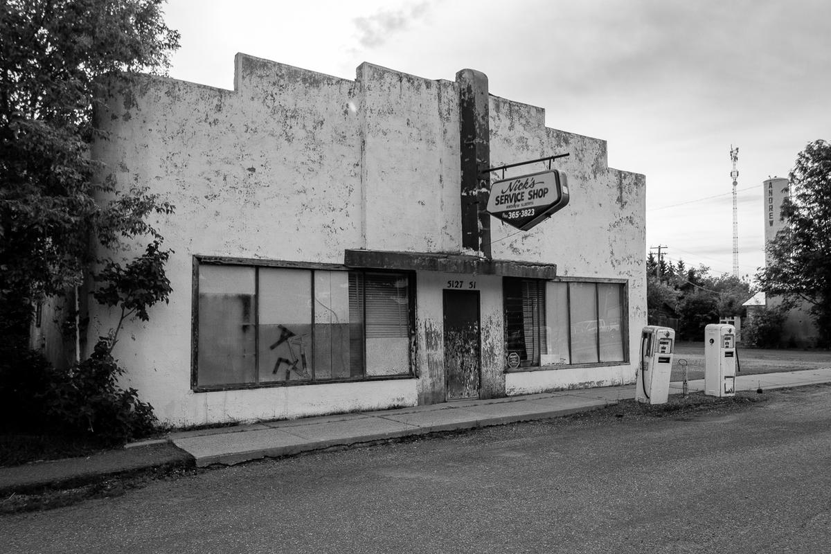A frontal view of Nick's Service Shop in Andrew, Alberta. (Chris Doering and Joanna Biggart)