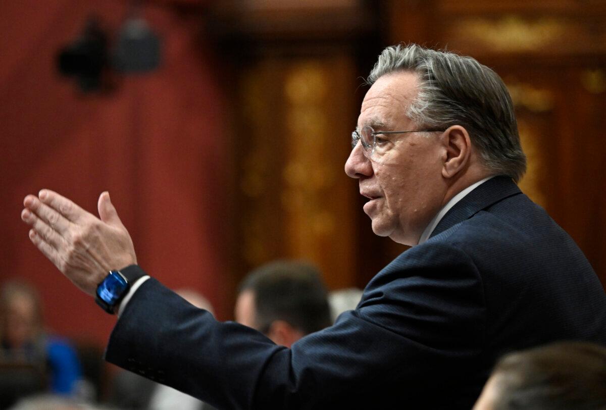Quebec Premier François Legault responds to the Opposition during question period at the legislature in Quebec City on May 29, 2025. (The Canadian Press/Jacques Boissinot)