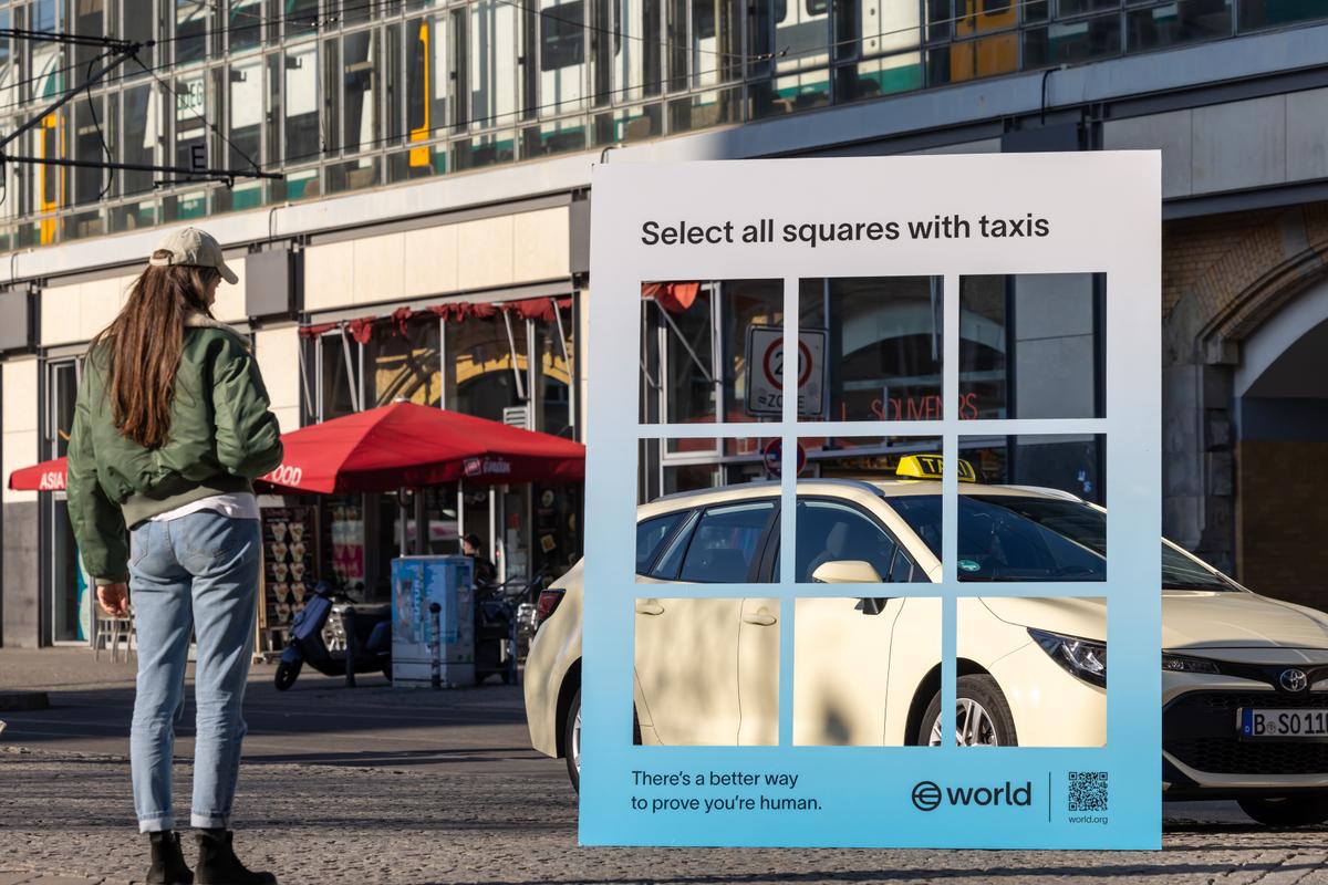 In this image released on April 15, 2025, of a public display featuring the security CAPTCHA tool. "Real World Captchas" featured life-sized on the streets of Berlin, Singapore and Buenos Aires in March 2025. (Marcos Brindicci/Getty Images for Tools for Humanity)