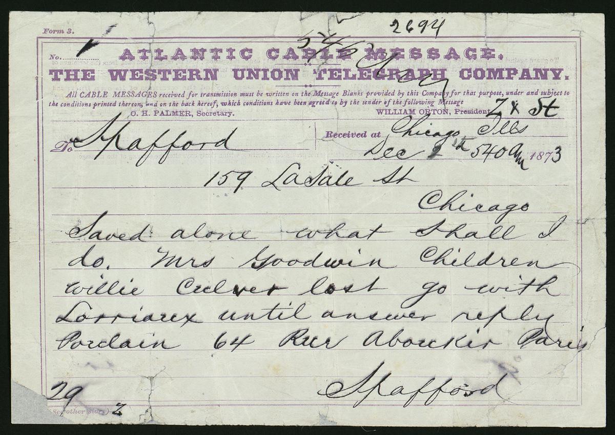 "Saved alone" telegram from Anna to Horatio Spafford after the shipwreck of the Ville du Havre, 1873. Library of Congress. (Public Domain)