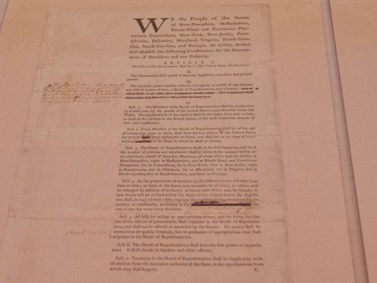 George Washington's hand-annotated draft of the Constitution on display at the National Archives in Washington, on June 4, 2025. (Travis Gillmore/The Epoch Times)