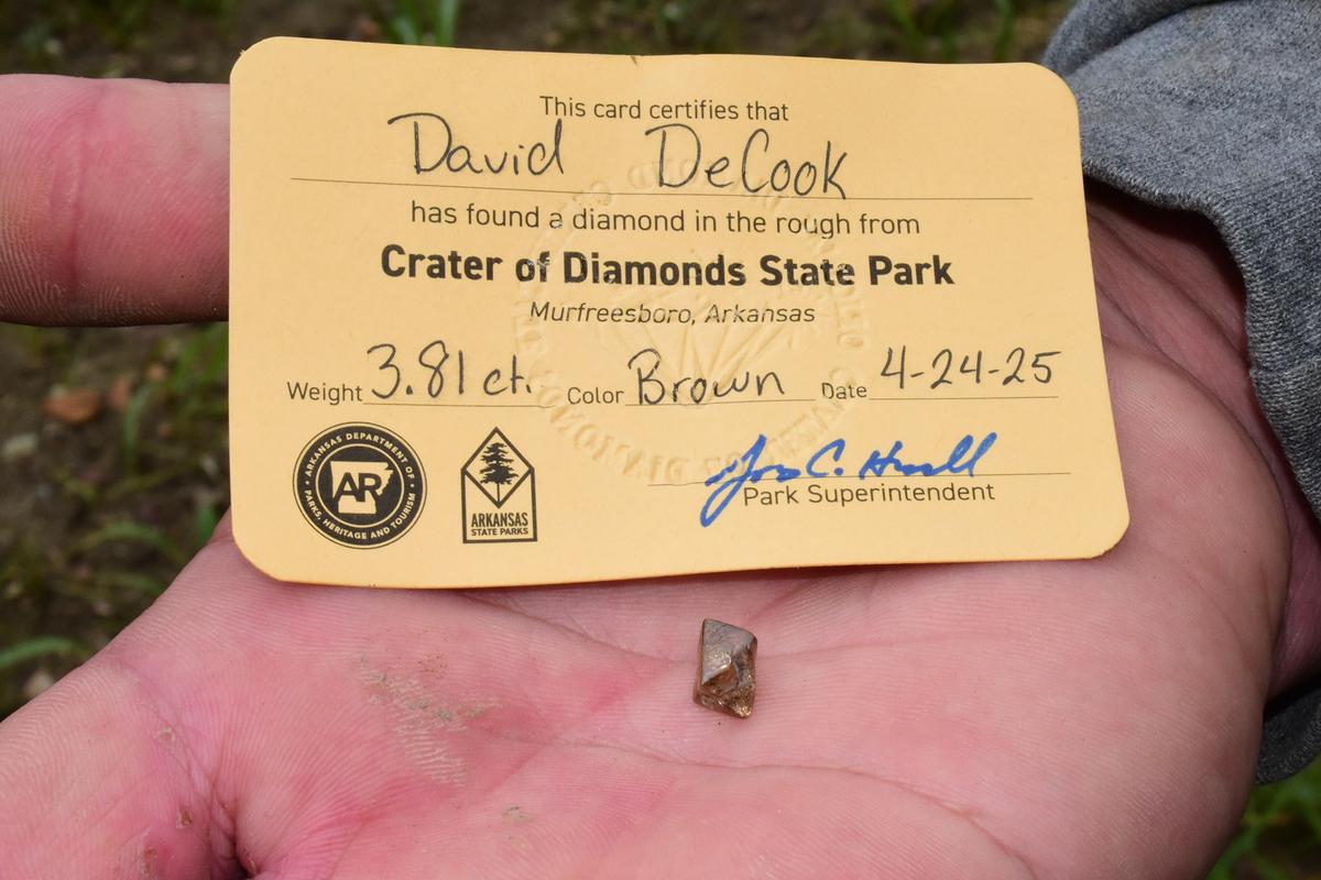 Following Crater of Diamonds State Park tradition, David DeCook named his diamond, calling it the Duke Diamond after his dog. (Courtesy of Crater of Diamonds State Park)