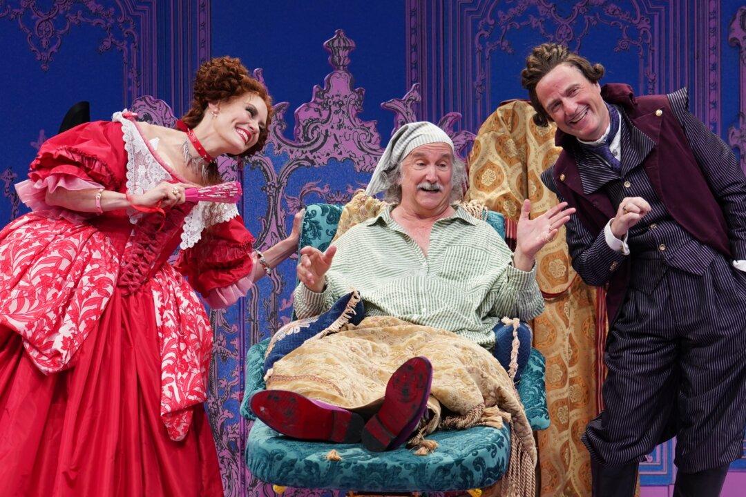 (L–R) Beline (Emily Swallow), Argan (Mark Linn-Baker), and De Bonnefoi (Manoel Felciano), in "The Imaginary Invalid." (Carol Rosegg)