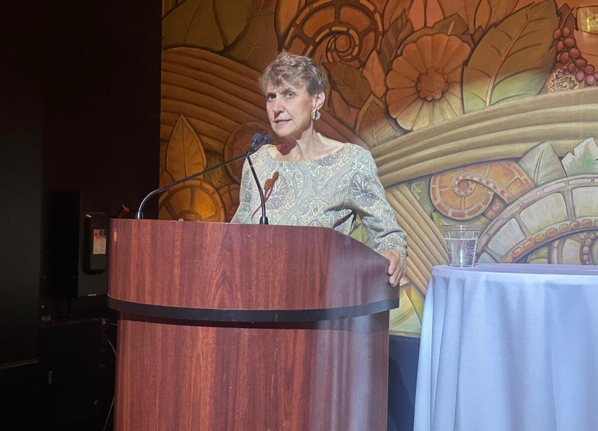 Academic Frances Widdowson speaks at an award ceremony held by the Justice Centre for Constitutional Freedoms (JCCF) in Toronto on June 13, 2025. (Omid Ghoreishi/The Epoch Times)