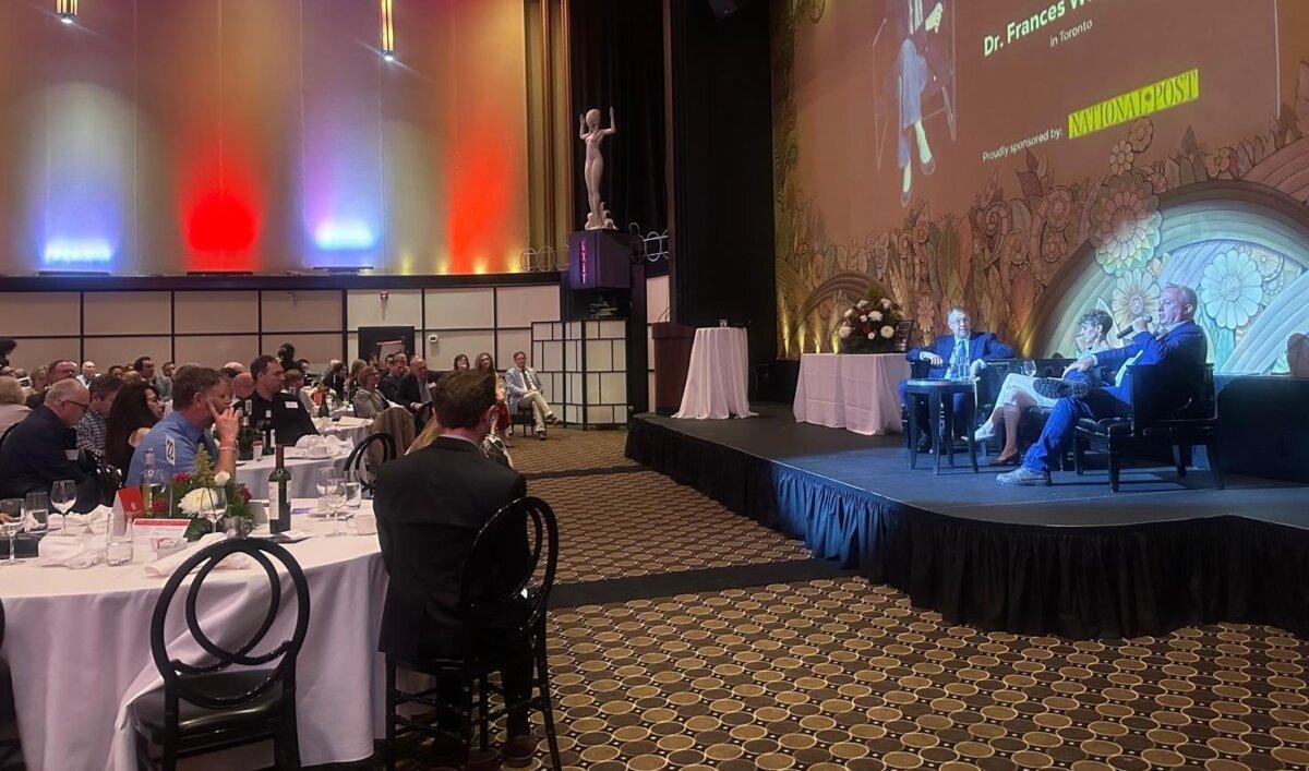 Audience members listen as (L-R) Justice Centre president John Carpay, academic Frances Widdowson, and journalist Brian Lilley take part in a panel discussion at an awards ceremony in Toronto on June 13, 2025. (Omid Ghoreishi/The Epoch Times)