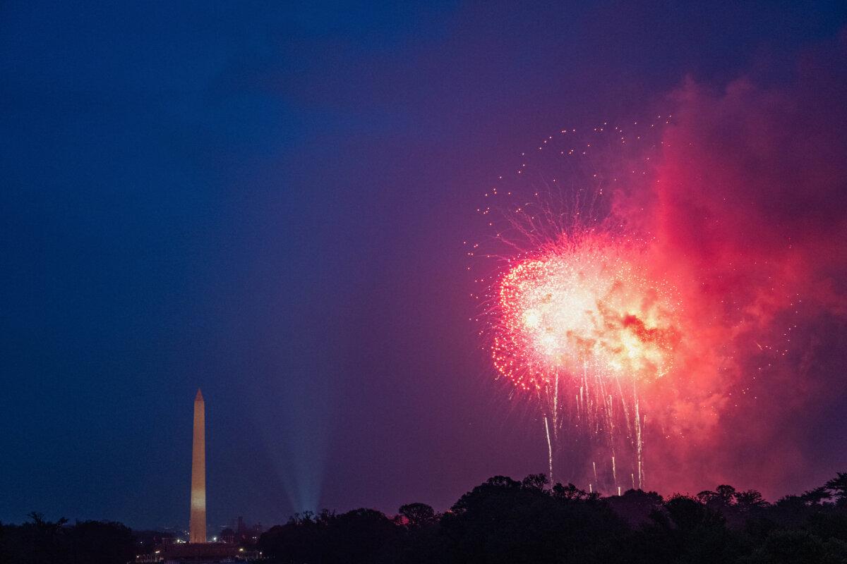 Fireworks light up the sky and the Washington Monument at the conclusion of the Army 250th Anniversary Parade in Washington on June 14, 2025. (ANNABELLE GORDON/AFP via Getty Images)