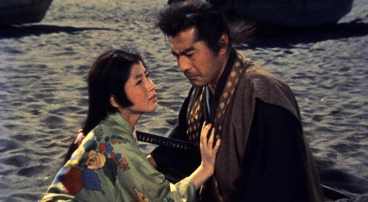 Musashi Miyamoto (Toshiro Mifune) and his love, Otsu (Kaoru Yachigusa), in “Samurai III: Duel at Ganryu Island.” (Toho)