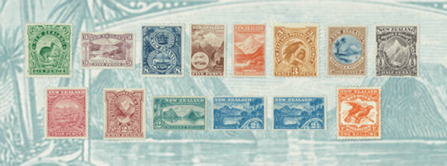 The full range of 1898 Pictorials. One of the world's earliest pictorial definitive issues, it was a departure from the almost universal use of portrait designs of monarchs or presidents. (Courtesy of NZ Post)