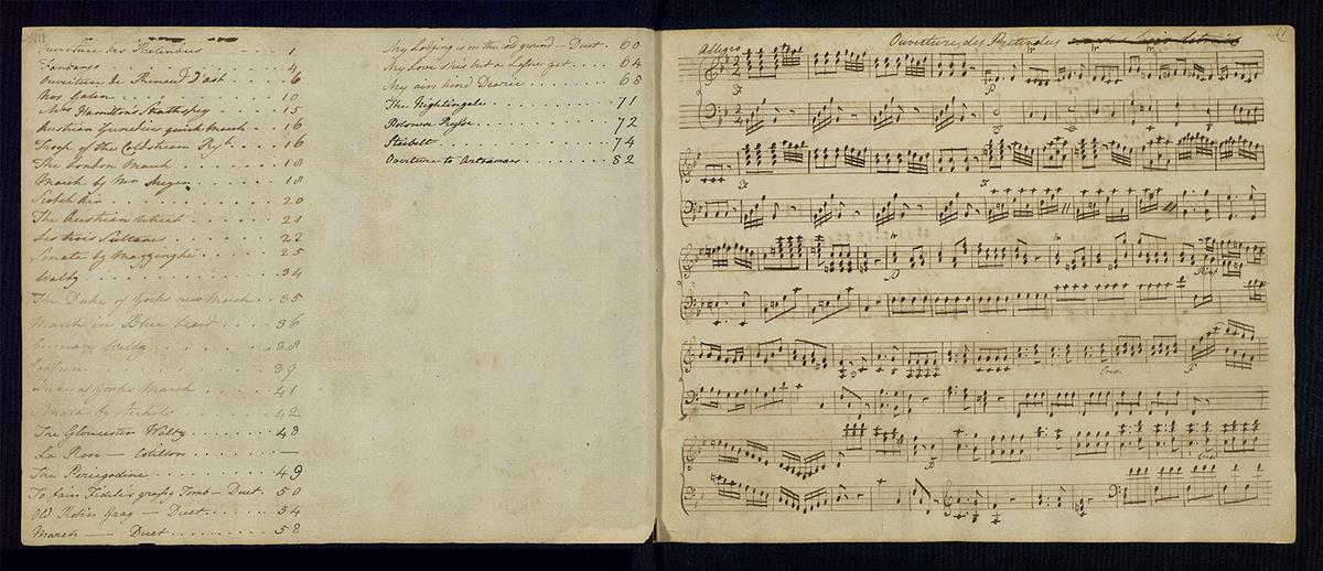 Jane Austen’s handwritten manuscript of “Juvinile songs & lessons for young beginners who don’t know enough to practise,” late 18th century. Ink on paper; 9 7/16 inches by 11 13/16 inches. Jane Austen’s House, Chawton, England. (Courtesy of the Morgan Library & Museum)