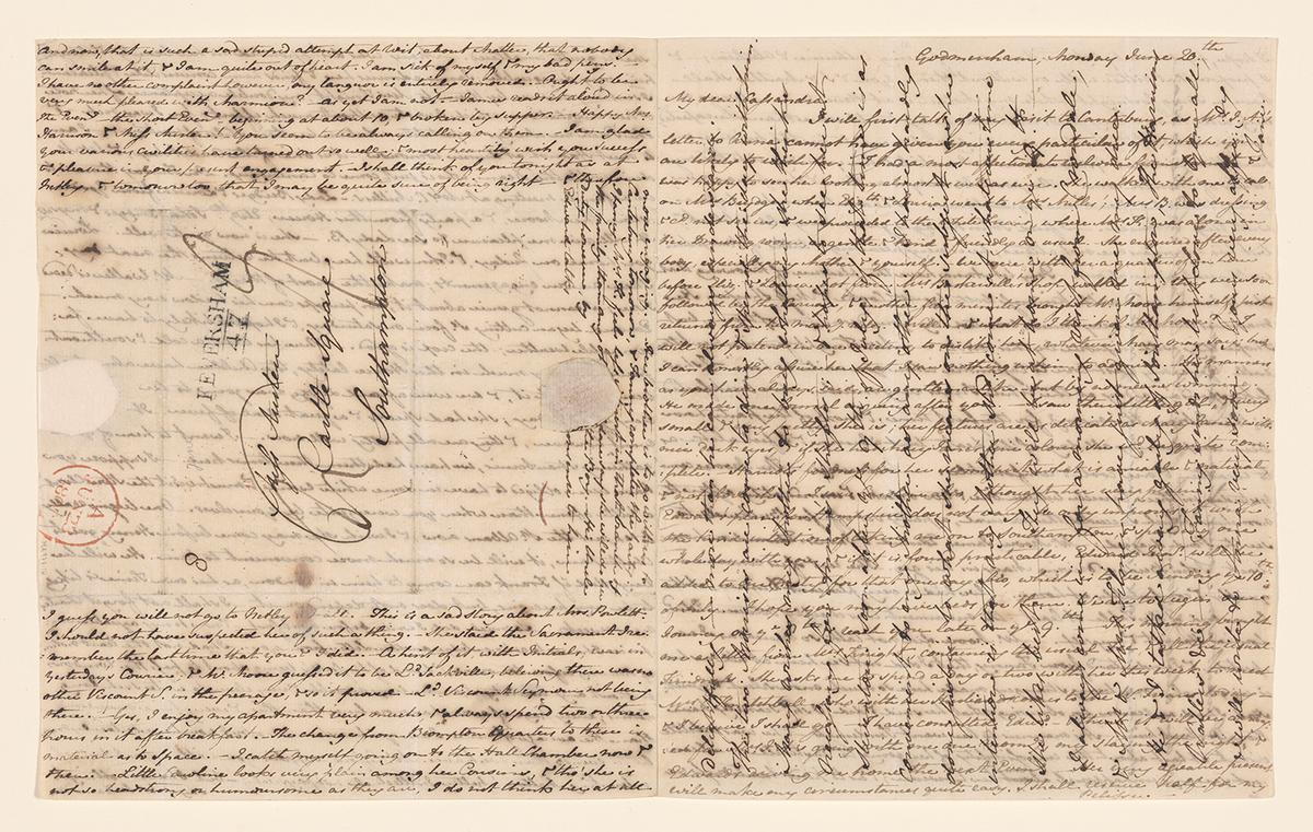 Jane Austen's handwritten letter to Cassandra Austen, Godmersham, June 20–22, 1808. Purchased by J.P. Morgan Jr., 1920, the Morgan Library & Museum, New York City. (Courtesy of the Morgan Library & Museum)