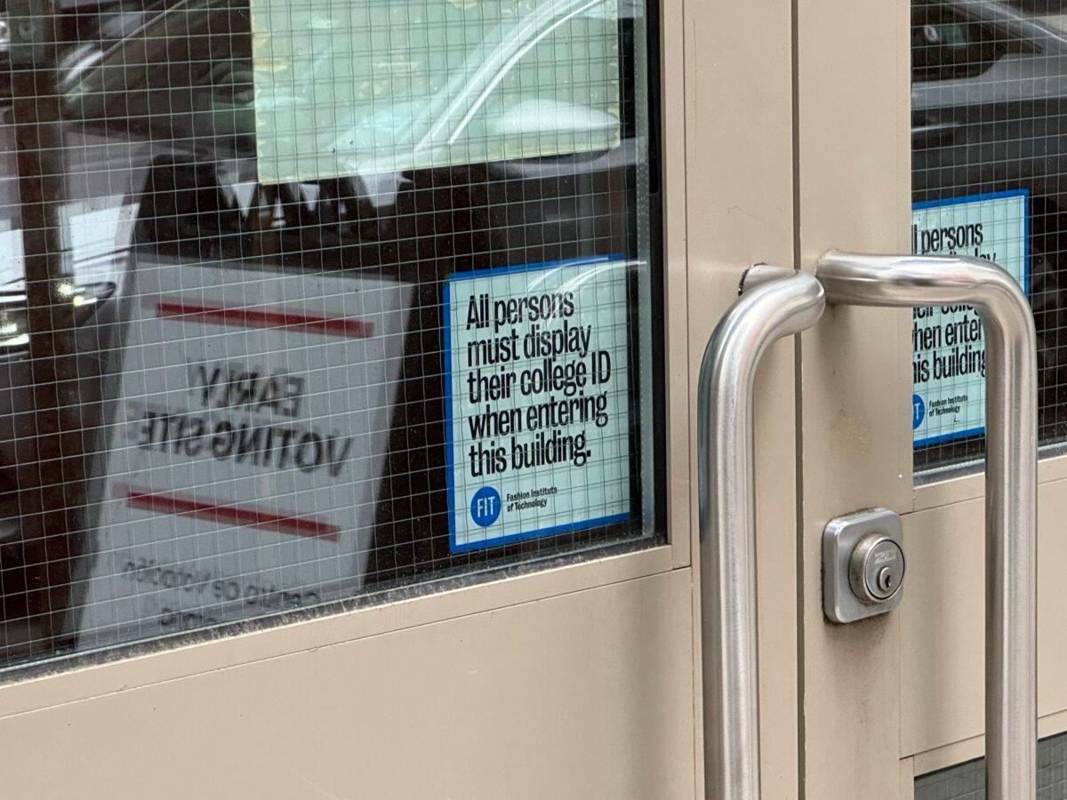 The door to an early voting polling location at the Fashion Institute of Technology in Manhattan, N.Y., during the primary. (Arjun Singh/The Epoch Times)