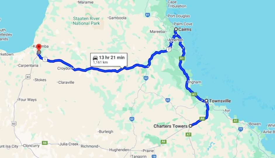 Students are travelling from Charters Towers to Townsville, then Cairns, then Normanton to return home during the holiday period, in northern Queensland, Australia. Flights are available between the Normanton to Townsville leg. (Screenshot of Google Maps)