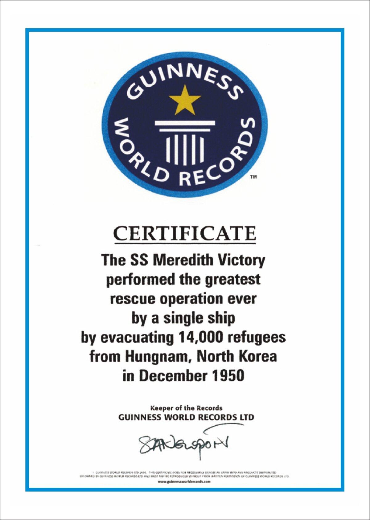 The certificate from the Guinness Book of World Records, on Sept. 21, 2004, recognizing the SS Meredith Victory, a U.S. merchant ship, for rescuing a record 14,000 civilian refugees in the Hungnam Evacuation Operation of December 1950 during the Korean War. (Courtesy of Ahn Jae-chul, president of The World Peace Freedom United)