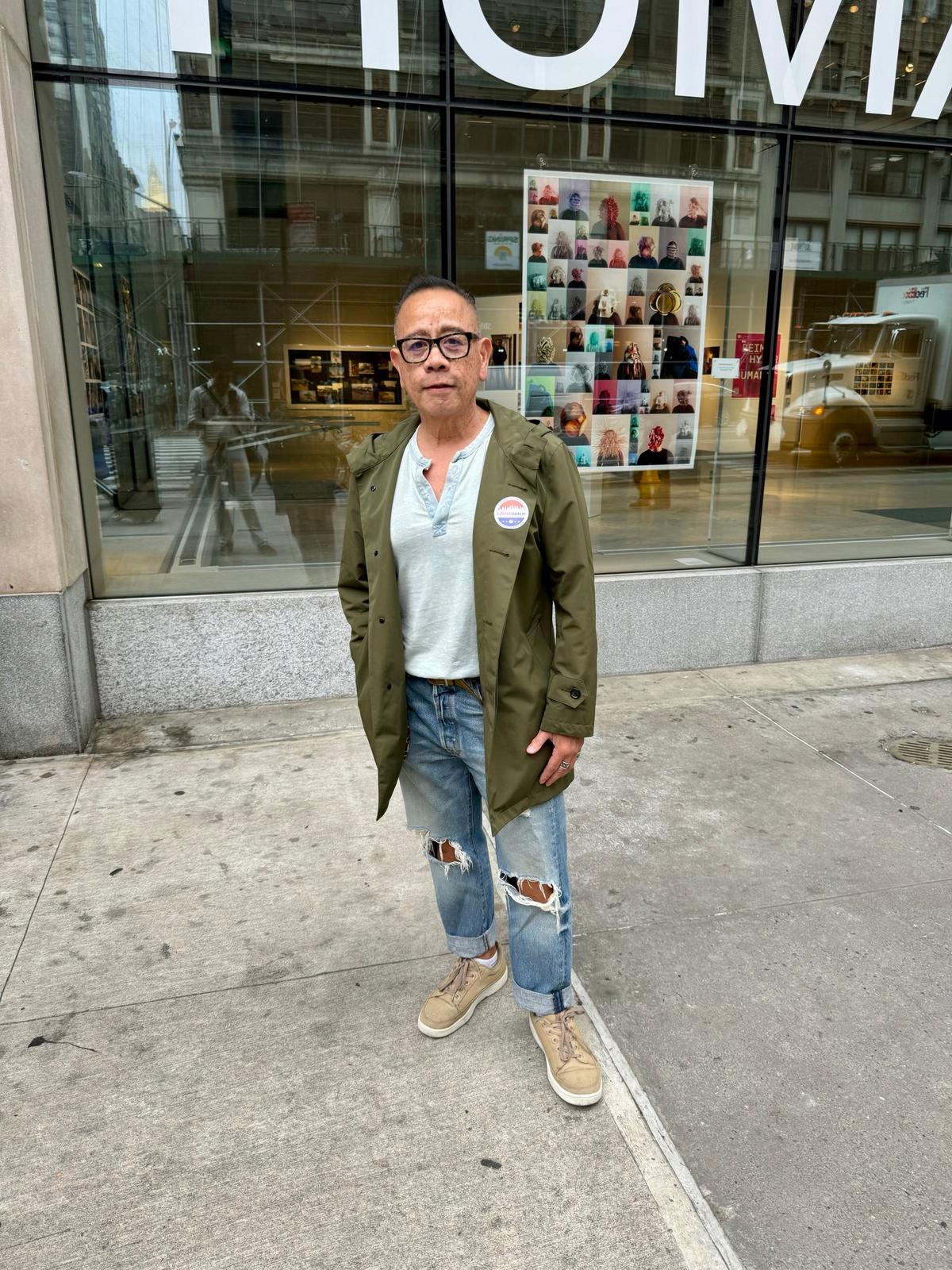 Alfredo de Guzman stands outside the Fashion Institute of Technology on East 28th Street after casting his early vote in the New York Mayoral election's Democratic primary on June 16, 2025. (Arjun Singh/The Epoch Times)