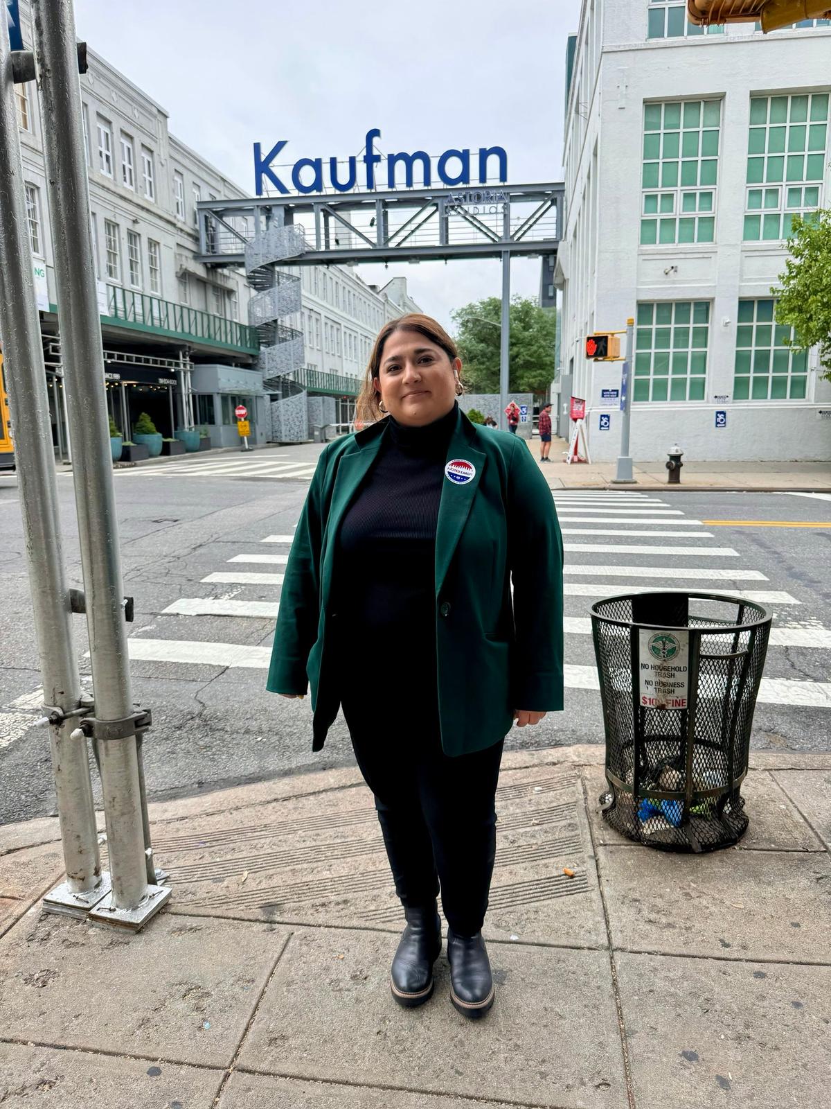 Sadia Hanif stands outside Kaufman Astoria Studios, in Queens, N.Y., after casting her early vote there in the New York Mayoral Election's Democratic Primary on June 16, 2025. (Arjun Singh/The Epoch Times)