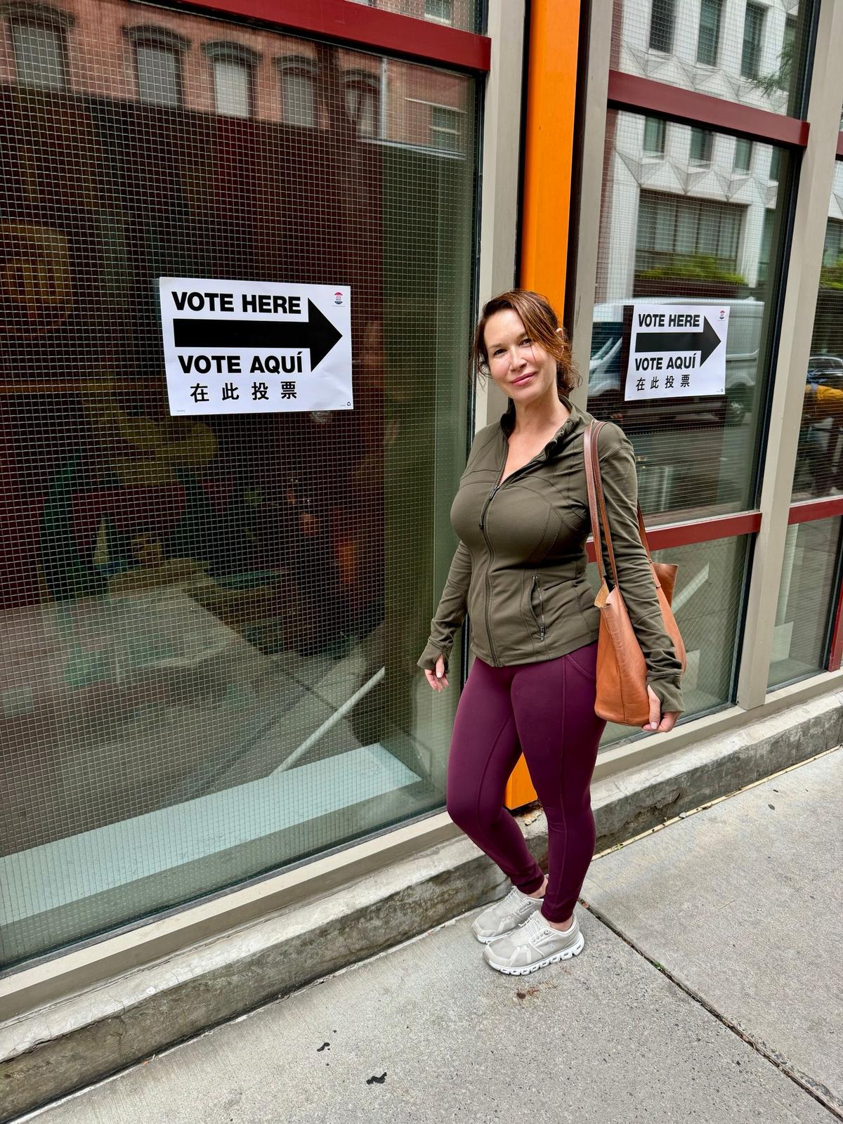 Amy Brodance, a real-estate broker in Manhattan, N.Y., stands outside a polling station after voting in the New York Mayoral election's Democratic primary, on June 16, 2025. (Arjun Singh/The Epoch Times)