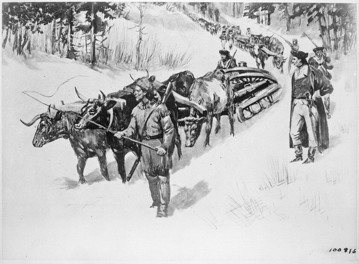 An ox team led by Col. Henry Knox hauling cannon toward Boston as part of the “noble train of artillery," 1775. National Archives. (Public Domain)