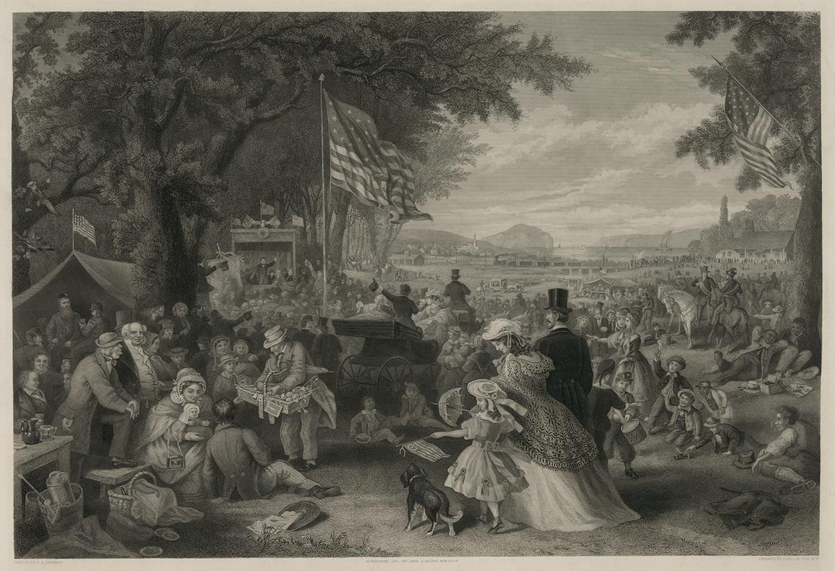 "The Day We Celebrate," 1876, painted by F.A. Chapman and engraved by John C. McRae. The artwork illustrates a large gathering of people picnicking, playing games, and enjoying the Independence Day celebration. Library of Congress. (Public Domain)