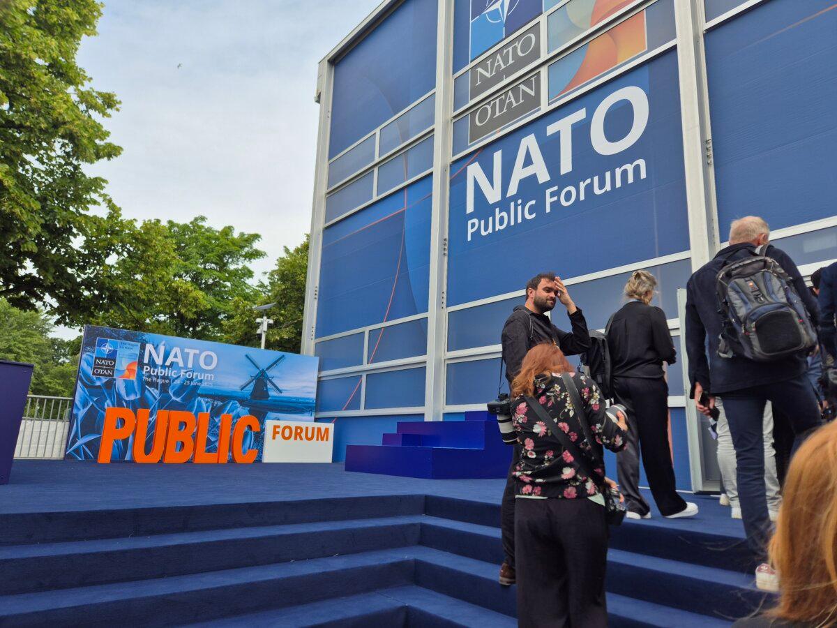 Journalists line up to hear NATO Secretary-General Mark Rutte speak at the Public Forum during the NATO summit in The Hague, Netherlands, on June 24, 2025. (Chris Summers/The Epoch Times)