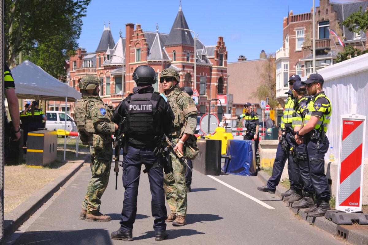 Security patrols around the perimeter of the venue—on the eve of the NATO summit—in The Hague, the Netherlands, on June 23, 2025. (Patrick Post/AP)
