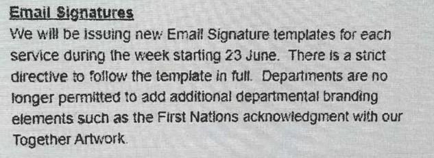 Tabled documents featuring a new directive from the LNP government towards staff regarding email signatures, and new restrictions on the Indigenous Acknowledgement to Country. (Screenshot of tabled documents/The Epoch Times)