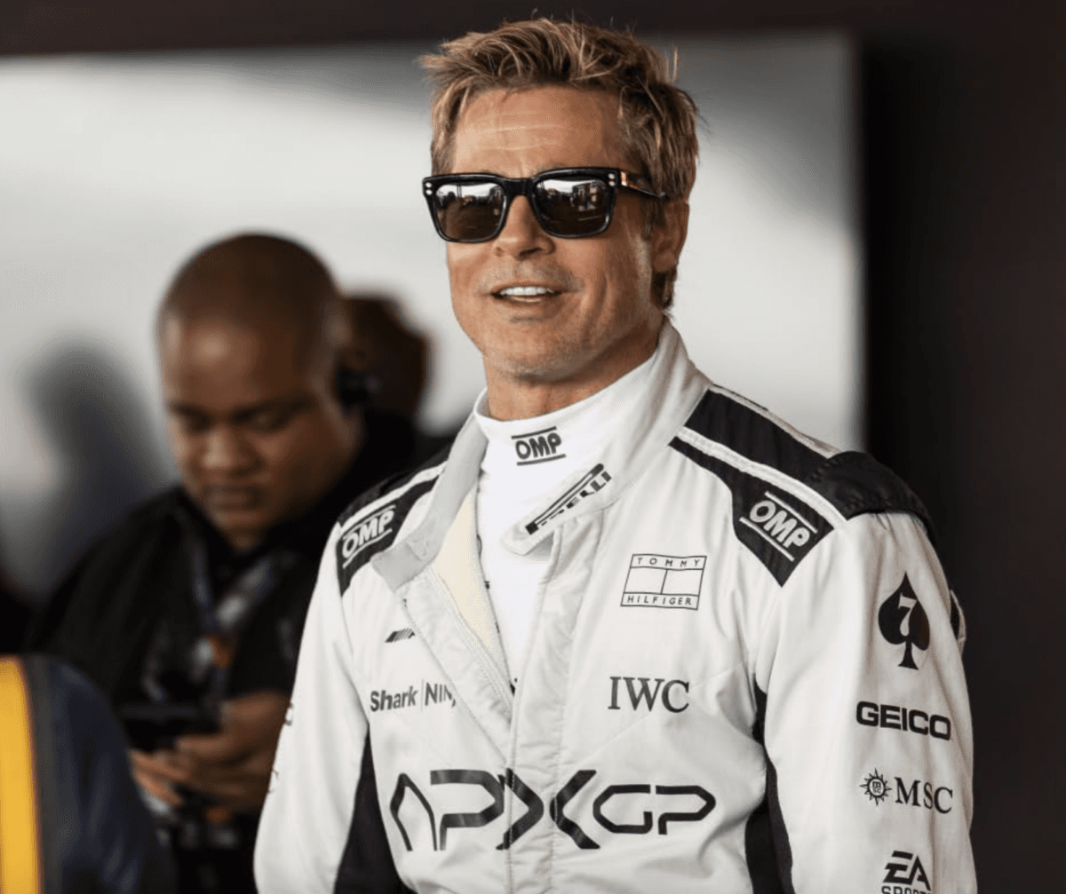 Brad Pitt personifying movie star wattage in "F1: The Movie." (Warner Bros. Pictures)