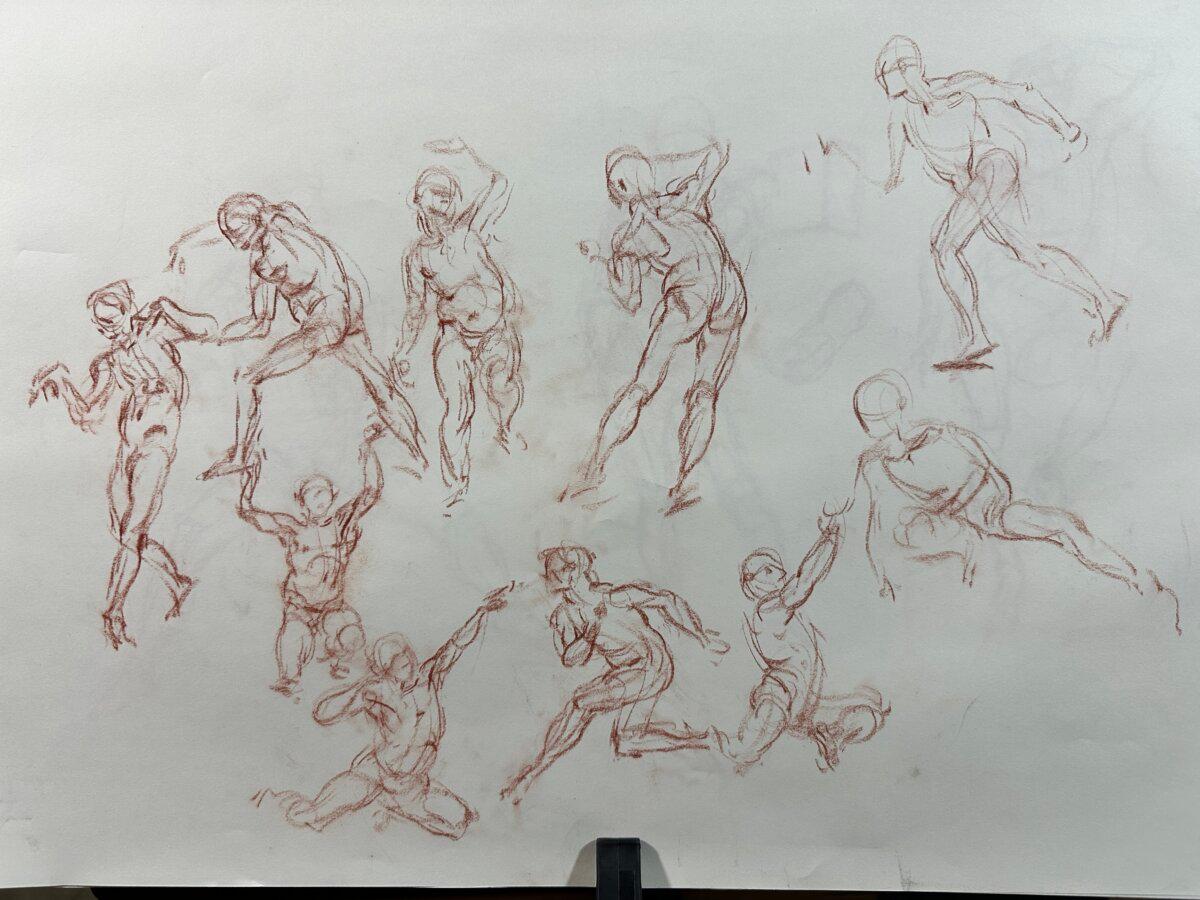 Glenn Vilppu’s two-minute gesture sketches of a model at his “Sunday Workshops With Glenn Vilppu.” He held the workshops over 11 Sundays in January, February, and March 2025, at the Creative Talent Network Studio in Burbank, Calif. (Courtesy of Vilppu Academy)