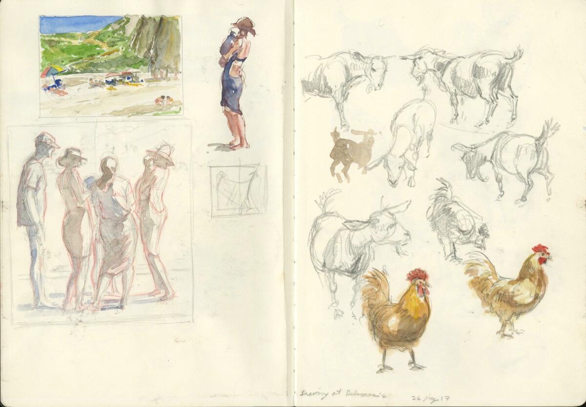 Pages from Glenn Vilppu’s sketchbook feature candid sketches and watercolor paintings created on part of his European teaching tour in Sardinia, Italy. (Courtesy of Vilppu Academy)