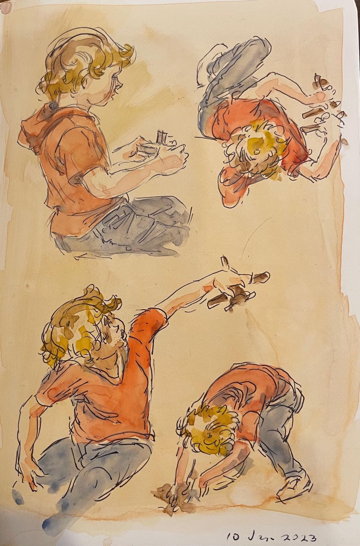 Glenn Vilppu’s ballpoint pen and watercolor sketches of his grandson playing. He drew the first sketch from life. The rest were imagined poses made without construction and gesture lines but carefully drawn from experience. Japanese artist Katsushika Hokusai inspired his color choices here. (Courtesy of Vilppu Academy)