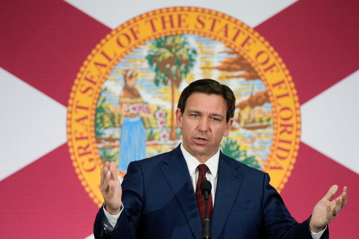 Florida Gov. Ron DeSantis speaks during a news conference in Miami, Fla., on May 9, 2023. (Rebecca Blackwell/AP Photo)