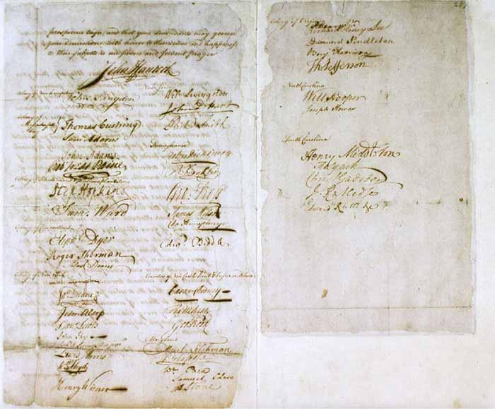 Signature page of the Olive Branch Petition, with John Hancock's prominent signature at the top. Scan of original in the Library of Congress. (Public Domain)