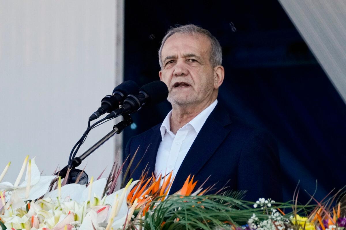 Iranian President Masoud Pezeshkian speaks during the National Army Day parade, just outside Tehran, Iran, on April 18, 2025. (Vahid Salemi/AP Photo)