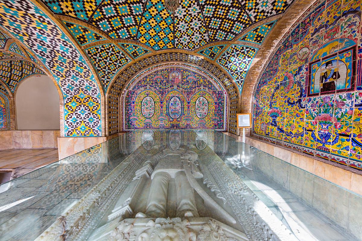 Dating from the 18th century, the Karim Khani Nook is among the oldest and least altered parts of Golestan Palace. The small pavilion features a fountain and is decorated with brightly colored floral- and geometric-patterned tiles that exemplify classical Iranian tradition. Today, the pavilion houses the marble sarcophagus of Karim Khan Zand (founder of the Zand dynasty), whose portrait is tiled on the wall beside it. (MehmetO /Shutterstock)