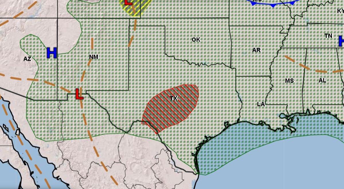 A Weather Prediction Service map released on Monday, July 7, 2025, shows that heavy rain or flash flooding is possible in central Texas on Monday. (National Weather Service's Weather Prediction Center)