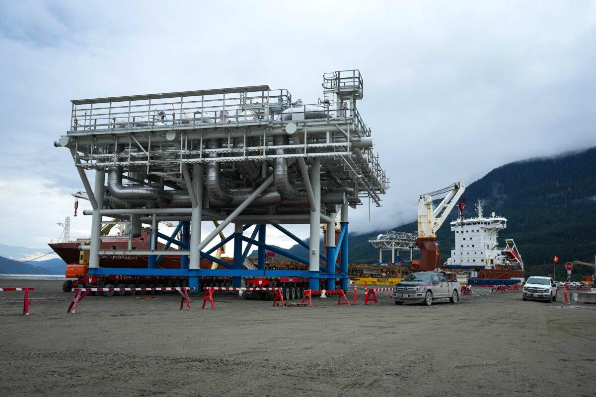 A module that arrived by ship sits at the dock at the LNG Canada export terminal under construction in Kitimat, B.C., on Sept. 28, 2022. (The Canadian Press/Darryl Dyck)