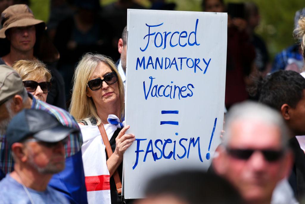 A protester holds a sign during a Freedom and Rights Coalition protest at Parliament, in Wellington, New Zealand on Nov. 9, 2021. (Hagen Hopkins/Getty Images)