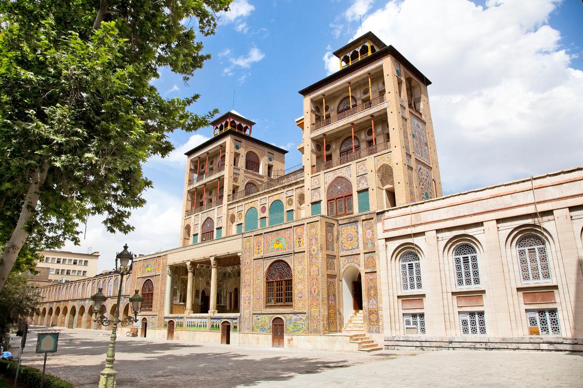 The Shams-ol-Emareh (translated as "the Edifice of the Sun") is one of the most prominent and distinctive buildings in the complex. The five-floor, 115-foot-tall structure was Tehran’s tallest building when it was first completed in 1867—an innovation inspired by European architecture. With pillars made of cast iron, it was the first Iranian building to use metal in its construction. Qajar-style seven-color tiling and Orsi windows, which decorate the façade, exemplify Iranian tradition. Queen Victoria gifted Naser al-Din Shah the clock mounted between the two towers. (Aleksandar Todorovic/Shutterstock)