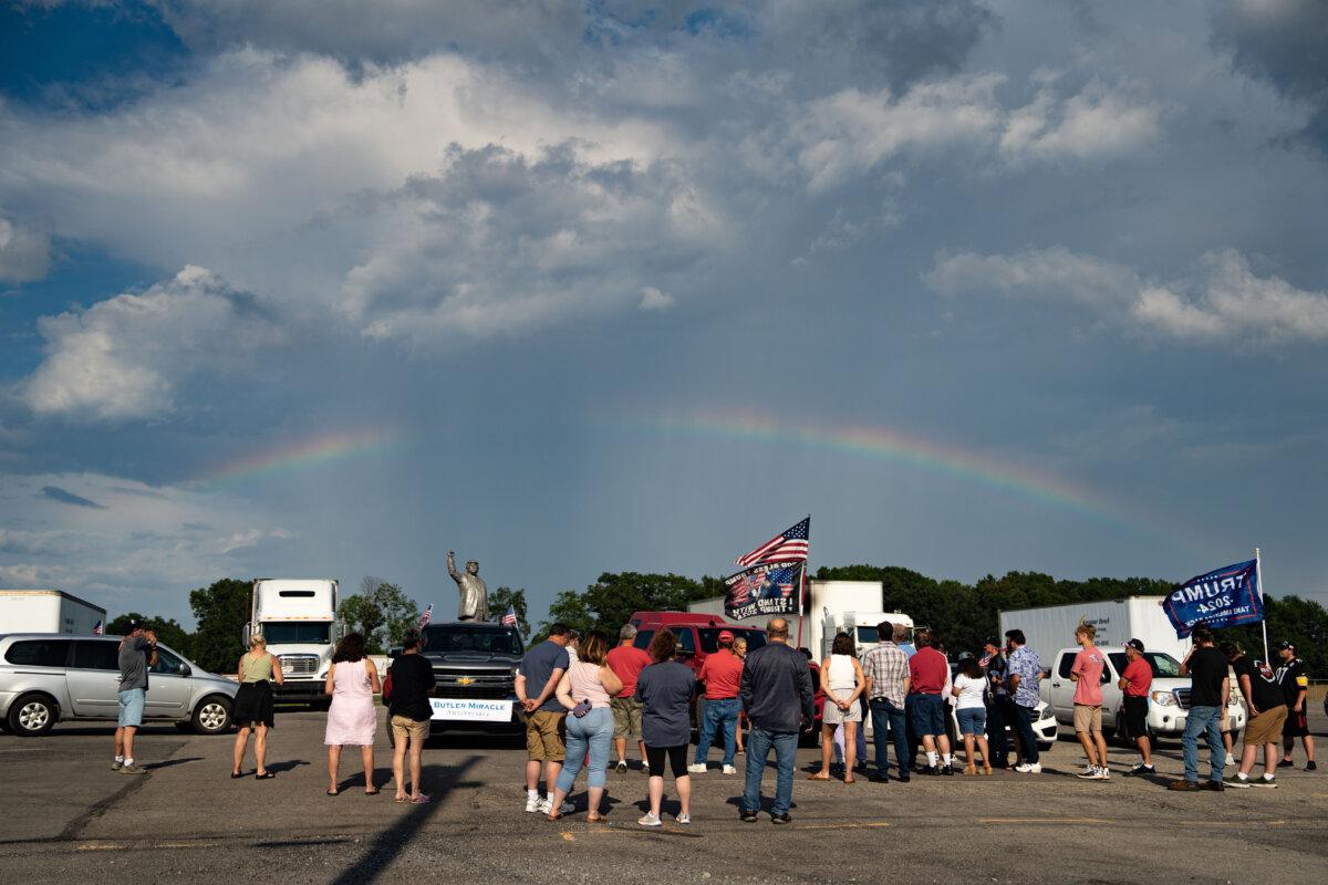 People gather to celebrate the “Butler Miracle Anniversary,” marking President Donald Trump’s survival of an assassination attempt the year before, in Butler County, Pa., on July 13, 2025. (Samira Bouaou/The Epoch Times)