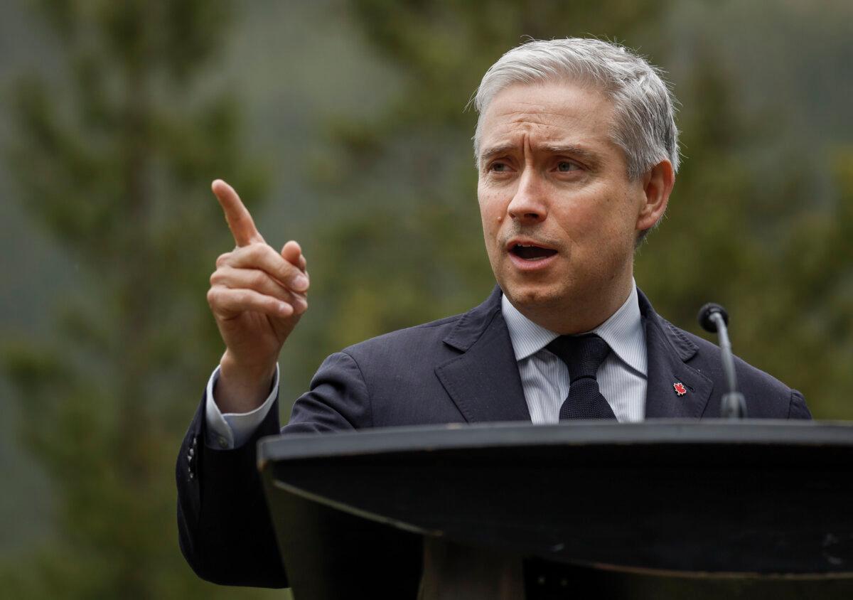 Finance Minister Francois-Philippe Champagne speaks to the media prior to the G7 finance ministers’ meeting in Banff, Alta., on May 20, 2025. (The Canadian Press/Jeff McIntosh)