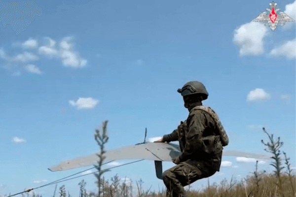 A Russian serviceman operates a "Supercam" drone in an undisclosed location in Ukraine, in this still from a video distributed by the Russian Defense Ministry Press Service on July 17, 2025. (Russian Defense Ministry Press Service via AP)
