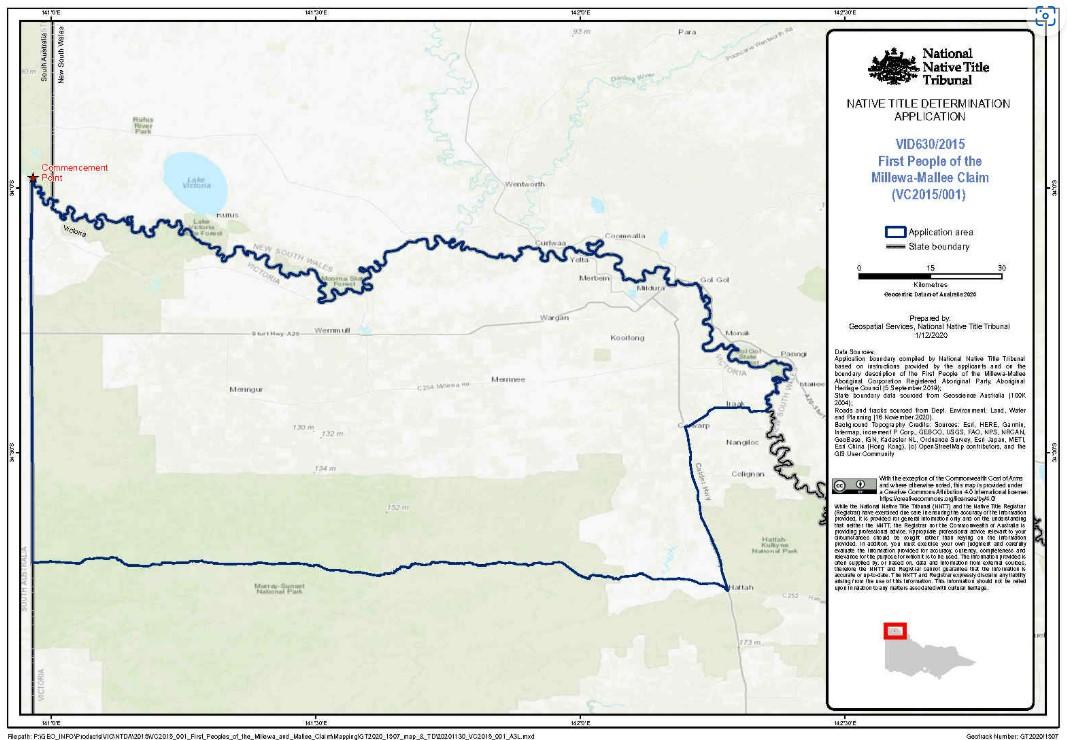 A map showing the Native Title claim area, which is estimated to cover thousands of square kilometres in north-west Victoria over the Mallee and Sunraysia regions, and along the Murray River and Mildura. It also covers parts of the Murray-Sunset National Park. (Courtesy of the Federal Court of Australia)