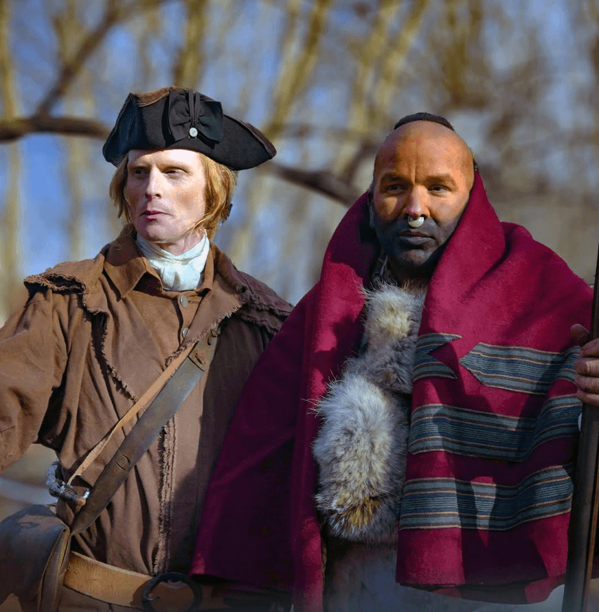 The young George Washington (Ryan Williams, a professional George Washington reenactor, L) and Native American guide Tanaghrisson (<span class="T286Pc" data-processed="true">Henry Jäderlund), in</span> “The American Miracle: Our Nation Is No Accident.” (Heroic Pictures/Fathom Entertainment)