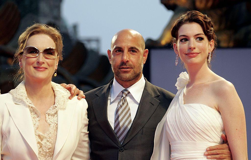 Actors Meryl Streep, Stanley Tucci, and Anne Hathaway attend the premiere of the film 'Devil Wears Prada' during the ninth day of the 63rd Venice Film Festival in Venice, Italy, on Sept. 7, 2006. (MJ Kim/Getty Images)